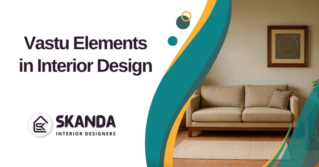 A Vastu-compliant Indian living room with natural light, pooja altar, and earthy tones