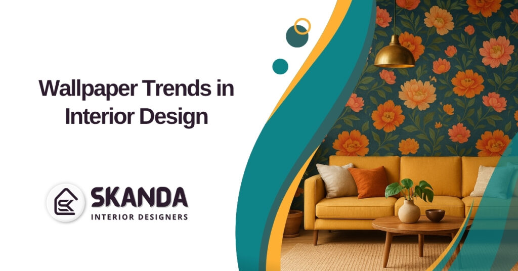 Indian living room with vibrant floral wallpaper and mustard sofa