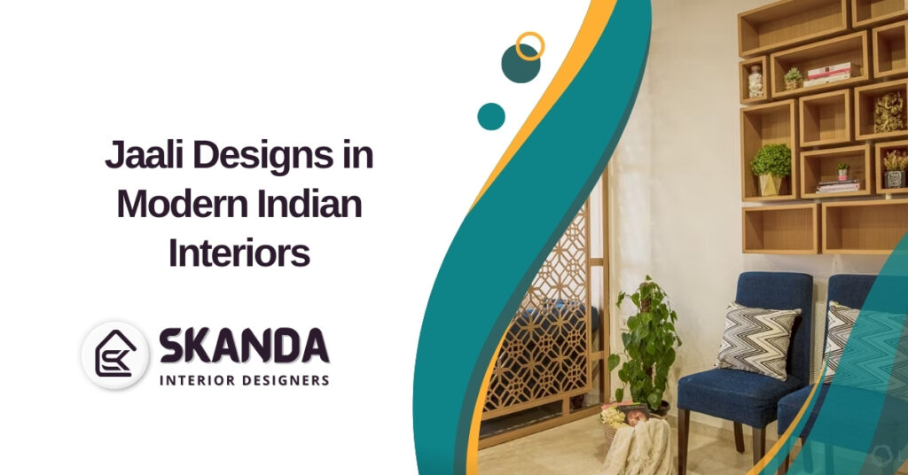 Modern Indian living room with wooden jaali partition and soft lighting