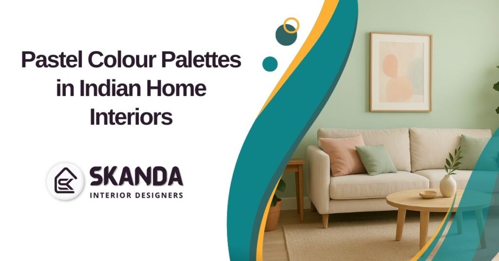 Pastel-themed Indian living room with light furniture, soft walls, and indoor plants