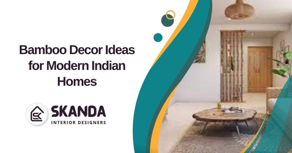 Modern Indian living room with bamboo furniture, wall panels, and indoor plants