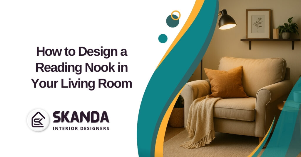 Cozy reading nook with armchair, lamp, and bookshelf in a modern living room.