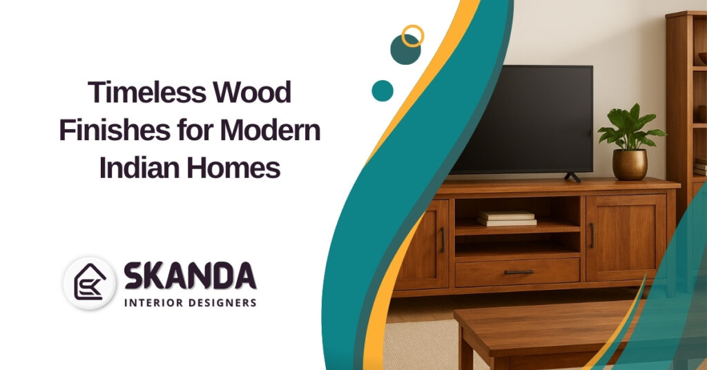 Contemporary Indian living room showcasing rich wooden finishes in furniture and décor.