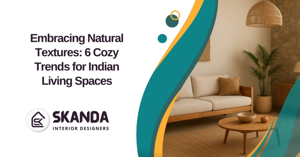 Sunlit Indian living room with stone wall, jute rug, wooden sofa, and rattan chair