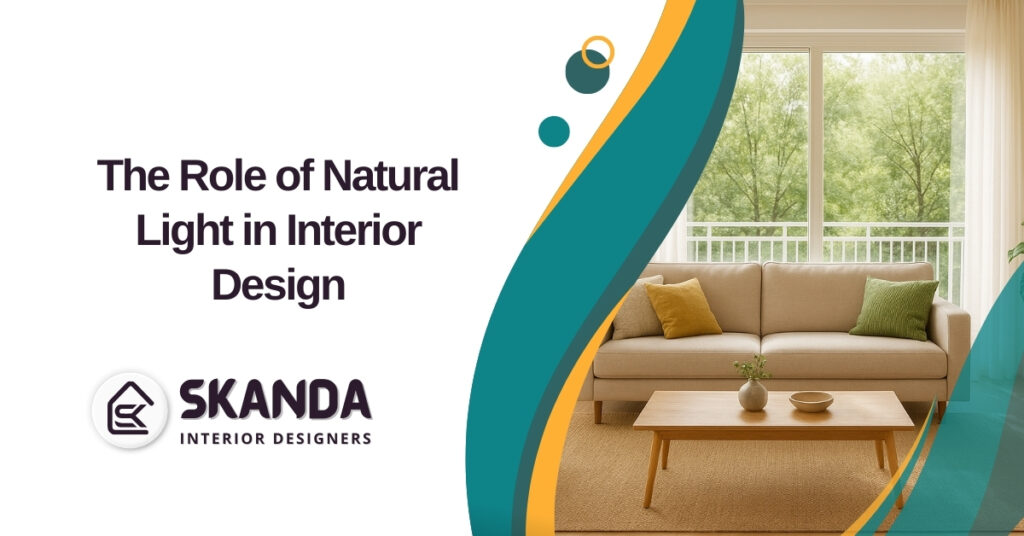 Living room with natural light streaming through large windows in an Indian home