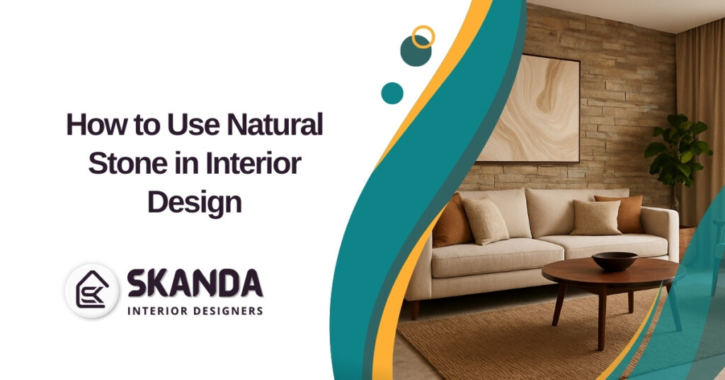 Living room with natural stone accent wall and marble flooring