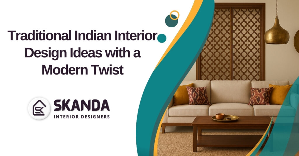 Living room with brass accents, lattice screen, and ethnic cushions in a modern Indian home