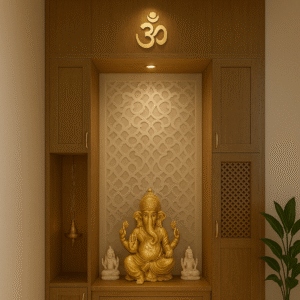 Pooja Rooms Interior Designing in Tirupati with elegant wooden mandir and golden Ganesha idol